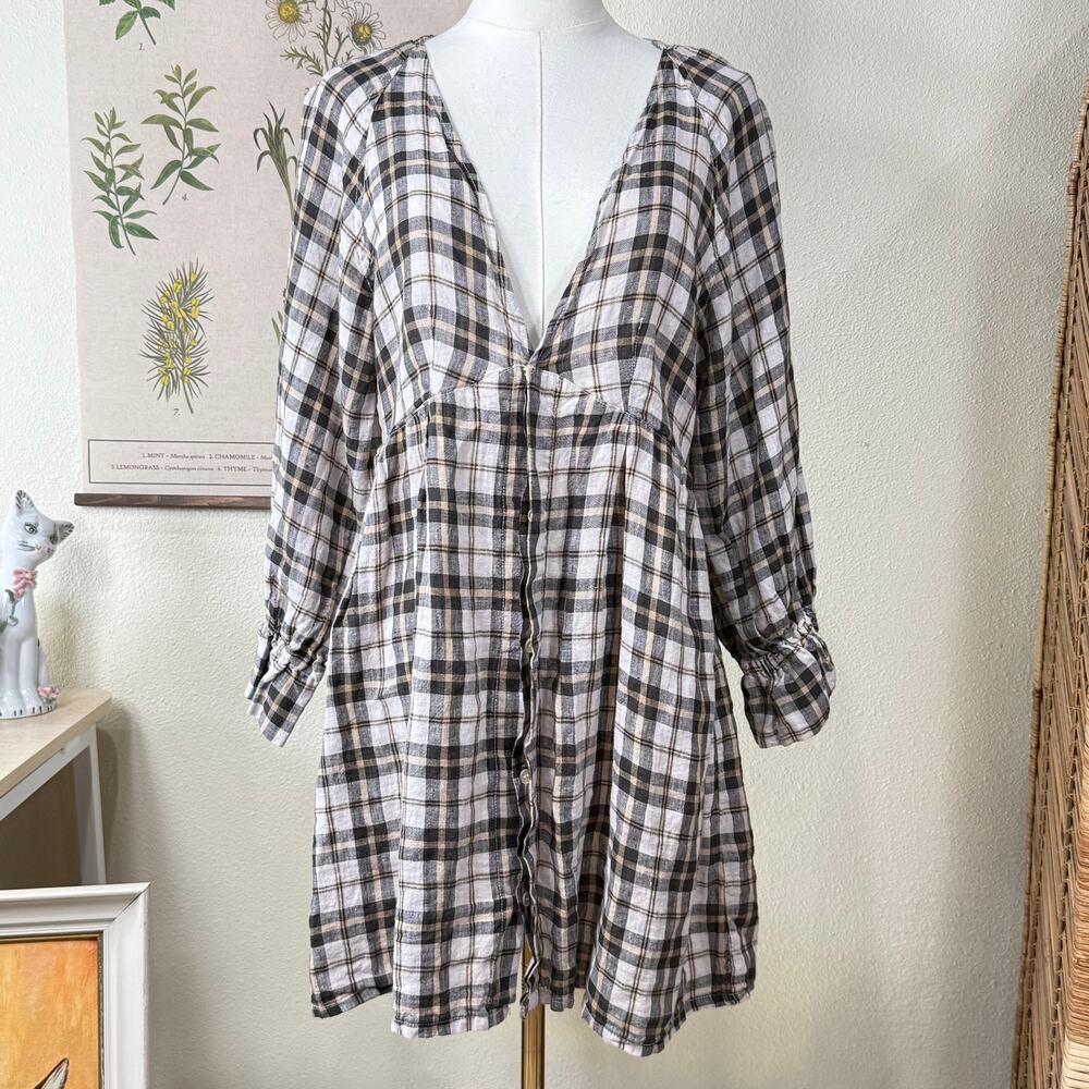 Free People x CP Shades Plaid Linen Sofiya Babydoll Tunic Mini Dress Grunge S